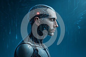 AI generated image of a male android with a humanlike face and glowing circuits, shown in profile with a cybernetic background photo