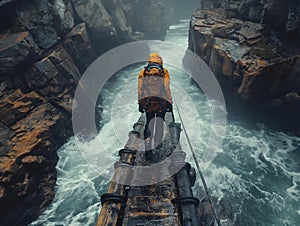 AI generated image,A man walking across a rope bridge in the mountain, in the style of dark yellow and bronze, artistic reportage,