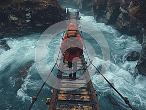 AI generated image,A man walking across a rope bridge in the mountain, in the style of dark yellow and bronze, artistic reportage,