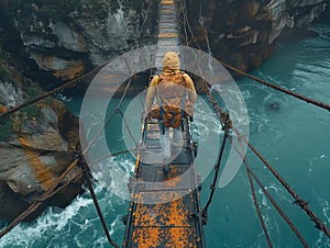 AI generated image,A man walking across a rope bridge in the mountain, in the style of dark yellow and bronze, artistic reportage,