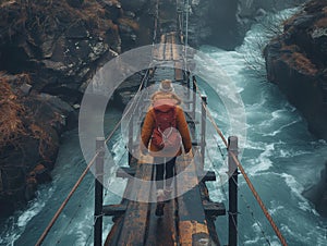 AI generated image,A man walking across a rope bridge in the mountain, in the style of dark yellow and bronze, artistic reportage,