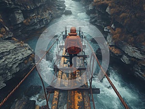 AI generated image,A man walking across a rope bridge in the mountain, in the style of dark yellow and bronze, artistic reportage,