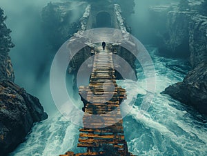 AI generated image,A man walking across a rope bridge in the mountain, in the style of dark yellow and bronze, artistic reportage,