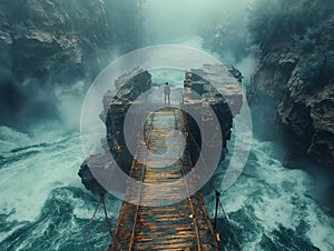 AI generated image,A man walking across a rope bridge in the mountain, in the style of dark yellow and bronze, artistic reportage,