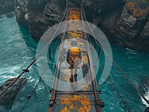 AI generated image,A man walking across a rope bridge in the mountain, in the style of dark yellow and bronze, artistic reportage,