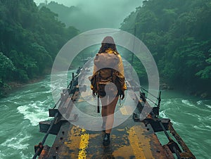 AI generated image,A man walking across a rope bridge in the mountain, in the style of dark yellow and bronze, artistic reportage,