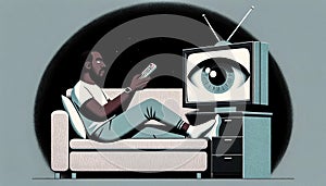 AI-Generated Image: Man Watching TV with an Eye Inside