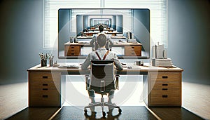 AI-Generated Image: Man Working at Desk with Infinite Droste Effect Mirror