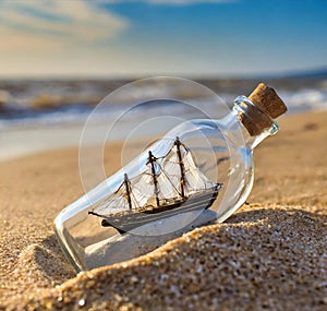 AI generated image of a miniature ship in a bottle in a sandy beach