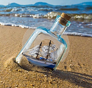 AI generated image of a miniature ship in bottle in a sandy beach