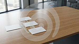 Blank workflow cards on wooden desk with copy space