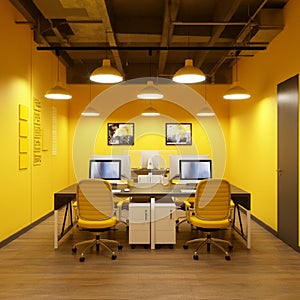 AI-Generated Image of Minimalist Office Space with Yellow Accents photo