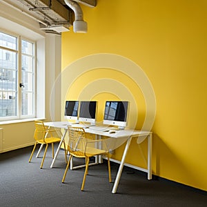 AI-Generated Image of Minimalist Office Space with Yellow Accents photo