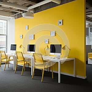 AI-Generated Image of Minimalist Office Space with Yellow Accents photo