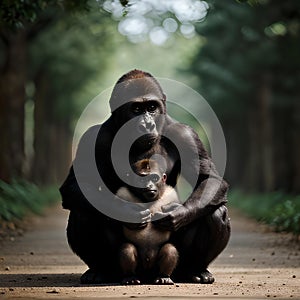 AI generated image of a mother Gorilla and her baby in a jungle