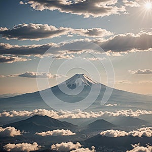 AI generated image of Mount Fuji in Japan alongwith clouds and mists all around photo