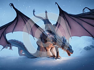 AI generated image of Mythical dragon looking for tracks in the snow on a hillside