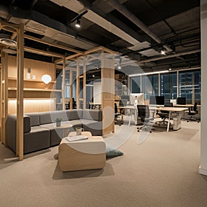 AI-Generated Image: Office Lounge with Sofa, Coffee Table, and Open Office Layout