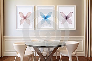Three framed aquarela paintings of blue ,mauve and pink butterflies hang above a round glass table with four white chairs in a lu photo