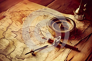AI generated image of old compass and map