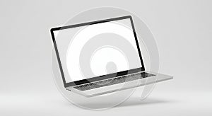 Open laptop with blank white screen on light background, ai generated