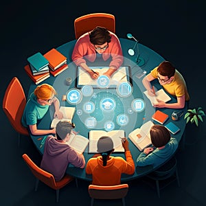 AI-Generated Image: People Studying Around a Table with Collaborative Online Learning Icons