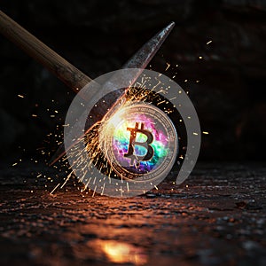 AI Generated Image of Pickaxe Striking Bitcoin with Sparks and Rainbow Holographic Coin photo