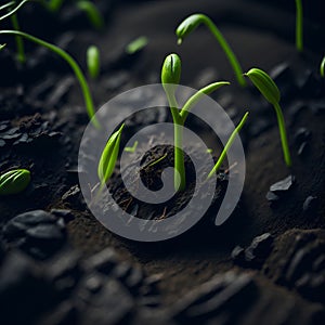 AI generated image of plants growing in germination sequence on soil