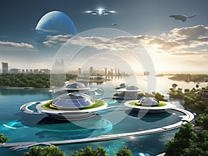 Futuristic Floating City with Solar Domes and Extraterrestrial Skyline - Visionary Eco-Friendly Urban Design on Water photo