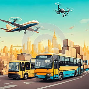 City Scene with Airplanes, Drones, Buses, and Cargo Boxes â AI-Generated Image photo