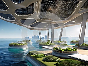 Futuristic Floating City with Solar-Powered Platforms and Sustainable Urban Design - Eco-Friendly Vision of Waterborne Living photo