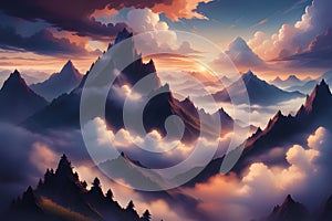 cloudy sunset mountain peaks poke out of the clouds in mountains pathways