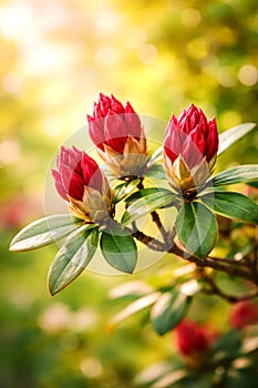 Three Red Flower Buds With Warm Golden Spring Bokeh Background