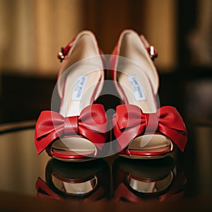 AI-Generated Image: Red Heeled Shoes with Bow Detailing on Reflective Surface photo