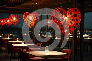 AI Generated Image. Restaurant interior decorated with hearts for Valentine\'s Day