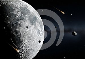 AI generated image results, Close View of the Moon with Passing Meteoroids in Space