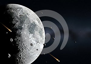 AI generated image results, Close View of the Moon with Passing Meteoroids in Space