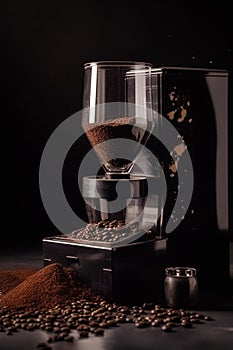 AI generated image of a retro coffee machine with beans spilling.