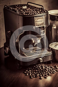 AI generated image of a retro coffee machine with beans spilling.