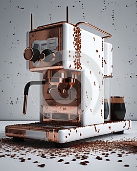 AI generated image of a retro coffee machine with beans spilling.