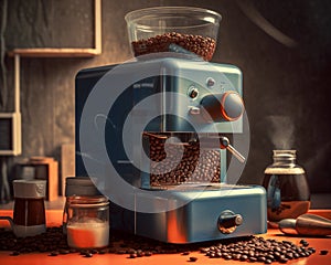 AI generated image of a retro coffee machine with beans spilling.