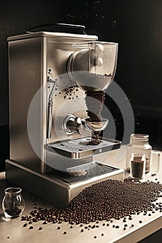 AI generated image of a retro coffee machine with beans spilling.