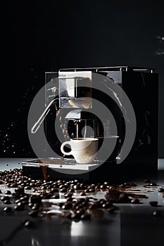 AI generated image of a retro coffee machine with beans spilling.