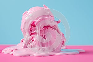 Rich saturated Pink Ice cream melting on blue background photo