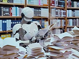 AI-Generated image of A robot is reading a book in a library