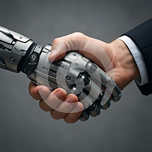 AI-generated image of a robotic hand shaking hands with a human hand.