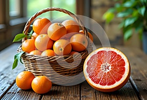 Rustic Basket Of Fresh Oranges And Grapefruit