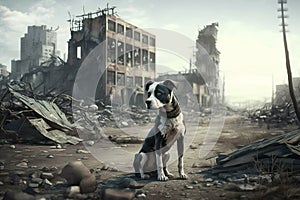 Sad Lonely Dog Sitting in a Destroyed City, Generated AI