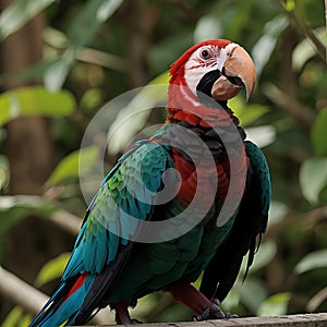 AI generated image of a scarlet macaw perched on a tree branch