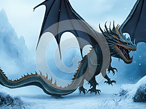 AI generated image of Scary dragon with sharp teeth and a long tail in the snow